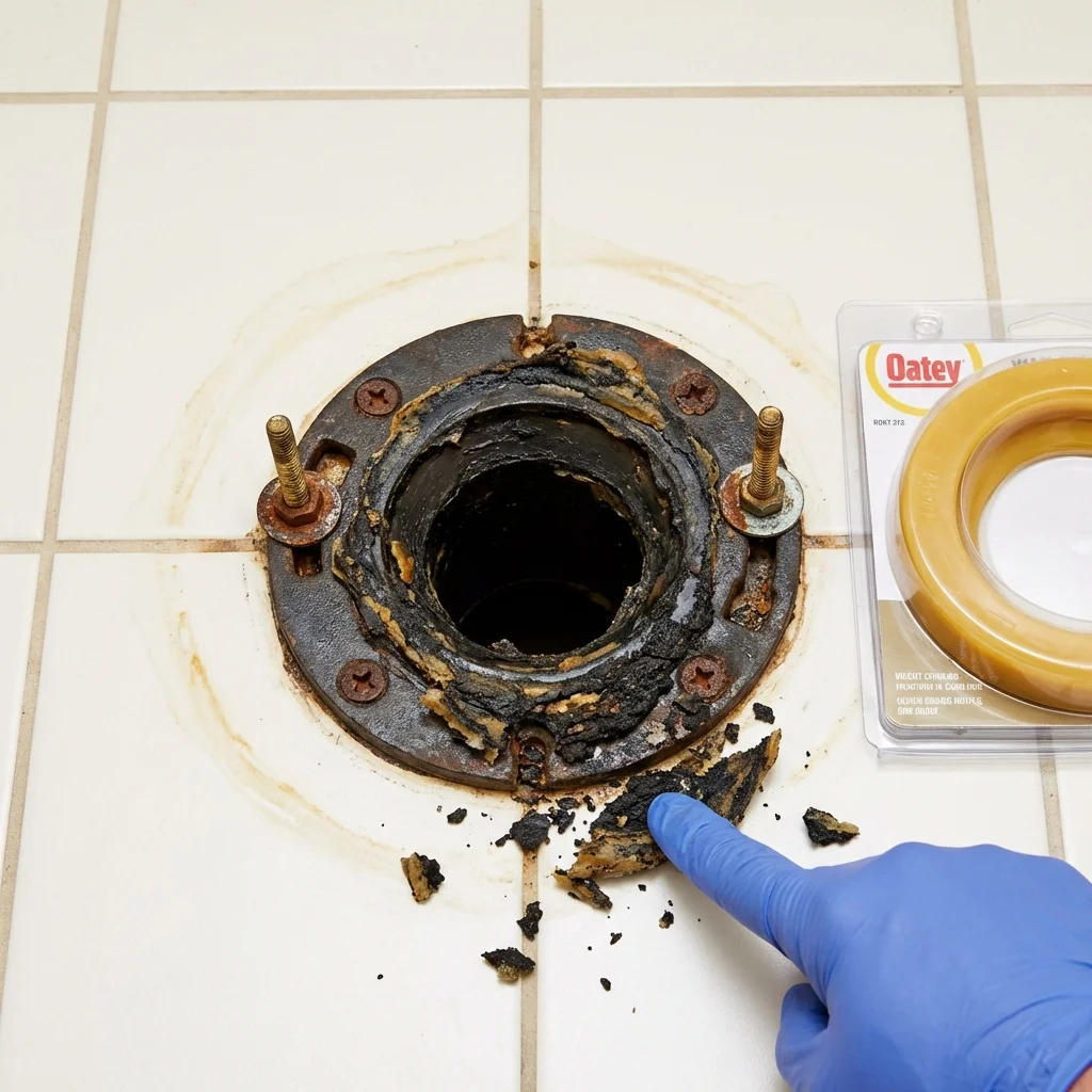 Failed wax ring showing water seepage at the base of a toilet in a Saint Joseph, MN home