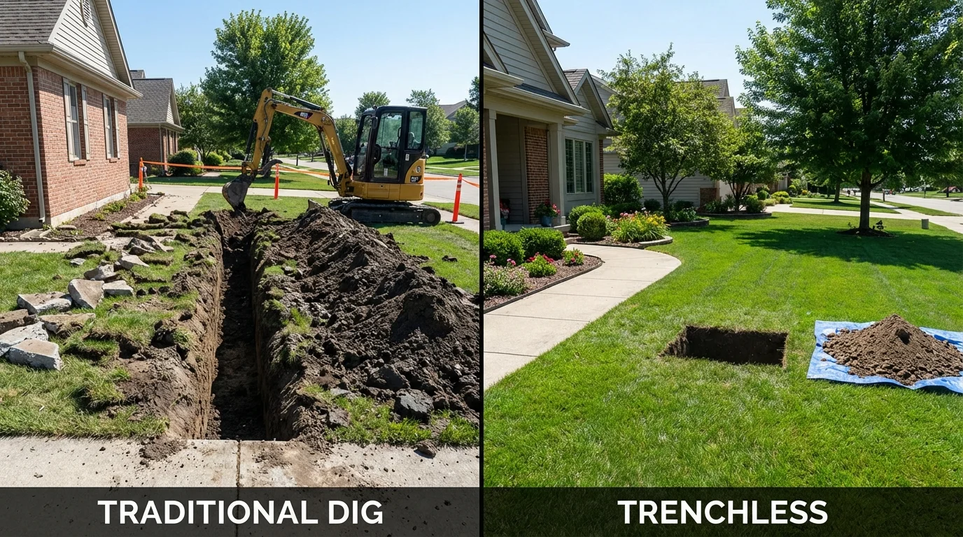 Trenchless sewer repair with minimal yard damage versus traditional excavation in Saint Joseph, MN