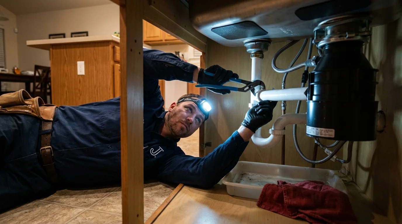 P-trap and supply line connections under a kitchen sink showing a common leak point in Saint Joseph, MN